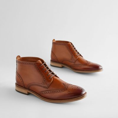 Fortune926| Tan Brown Leather Brogue Boots